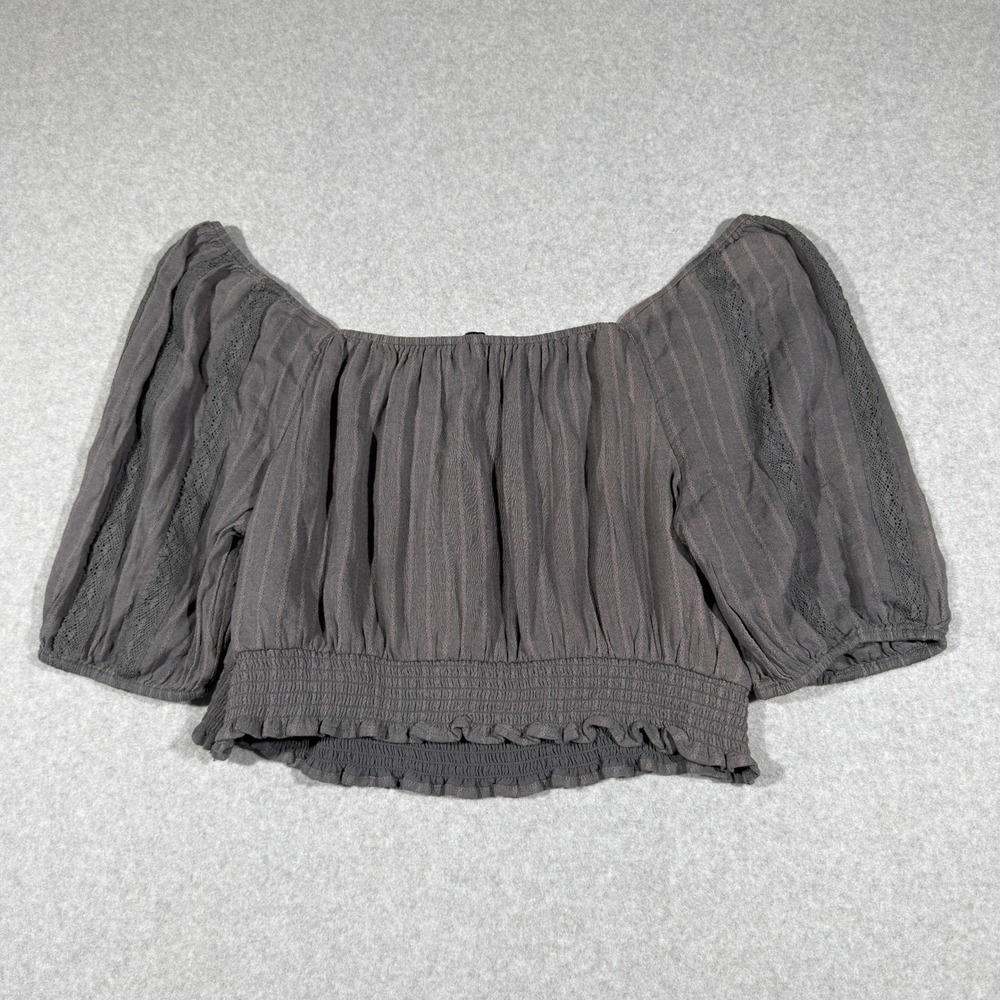 American Eagle XXL Gray Striped Smocked Crop Top Boho Puff Sleeve Cottage - Picture 7 of 8